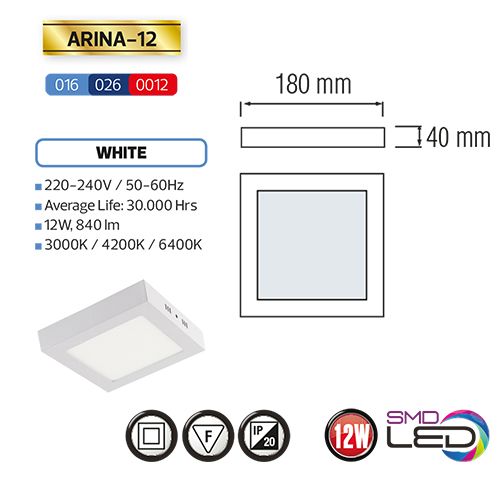 ARINA-12 LED Aufputz Panel Deckenpanel Eckig 12W, kaltweiss 6000K