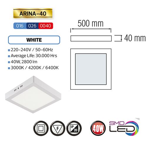 ARINA-40 LED Aufputz Panel Deckenpanel Eckig 40W, kaltweiss 6000K