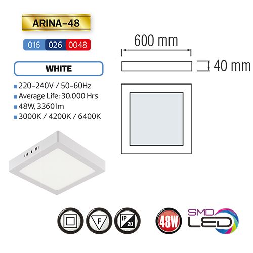 ARINA-48 LED Aufputz Panel Deckenpanel Eckig 48W, warmweiss 3000K