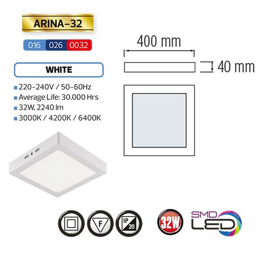 ARINA-32 LED Aufputz Panel Deckenpanel Eckig 32W, kaltweiss 6000K