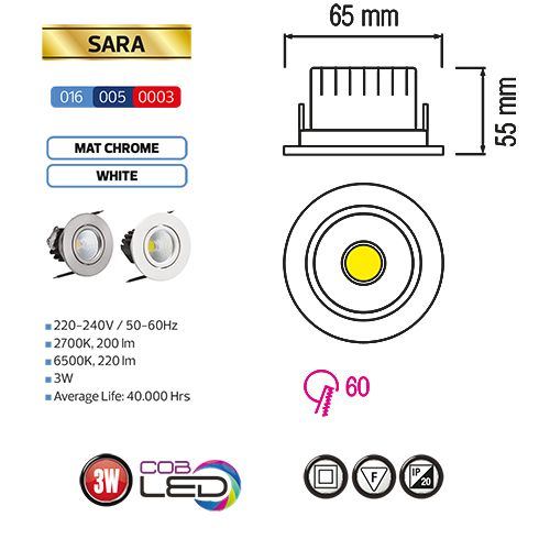 SARA 3W Weiss 6500K COB LED Einbaustrahler Einbauleuchte Strahler Schwenkbar Rund