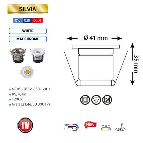 SILVIA 016-039-0001 1W WHITE 4200K 85-265V L.DOWNLIGHT