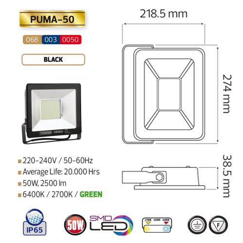 PUMA -50 50W Schwarz 6400K LED Projektor Fluter Strahler