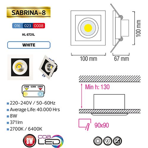 Sabrina-8 Hl6721l 8W 2700K WARMWEISS 220-240V COB LED EINBAUSPOT