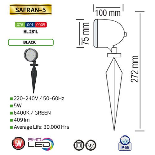 SAFRAN-5 5W Schwarz 6400K LED Gartenlampe Gartenleuchte