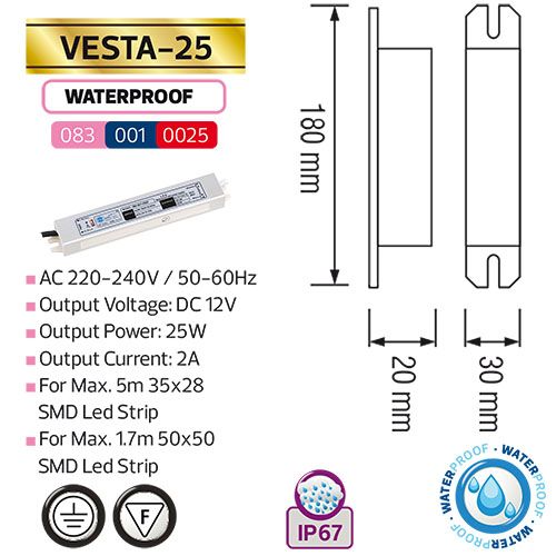 VESTA-25 25W 2A Feuchtraum LED Trafo