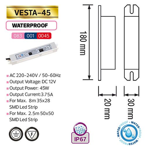 VESTA-45 45W 3.75A Feuchtraum LED Trafo