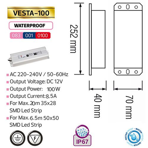 VESTA-100 100W 8.5A Feuchtraum LED Trafo