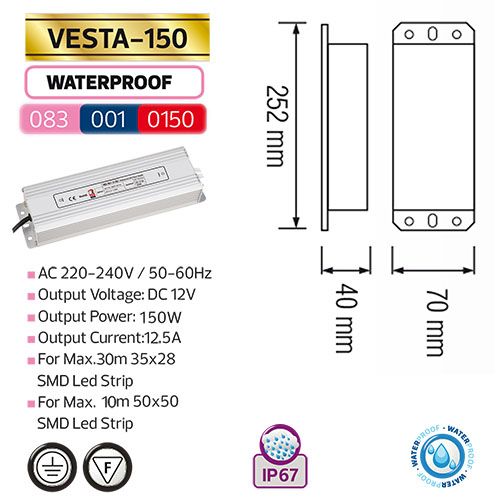 VESTA-150 150W 12.5A Feuchtraum LED Trafo