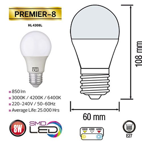 PREMIER-8 8W 6400K E27 175-250V LED Leuchtmittel