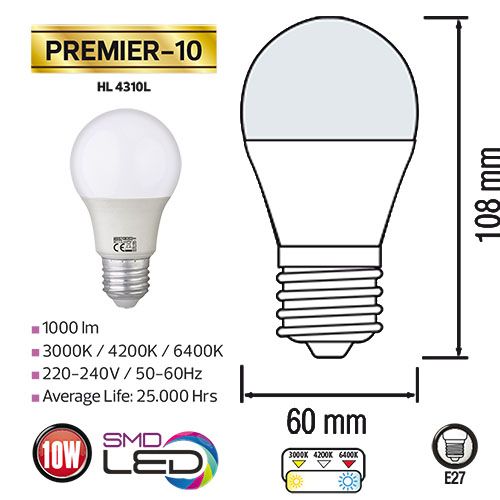 10x PREMIER-10 10W 3000K E27 175-250V LED Leuchtmittel
