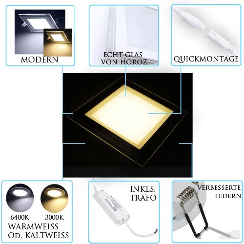 15W Glas Design LED Panel Einbaustrahler Deckenleuchte Eckig Lichtpanel kaltweiss HL686LG